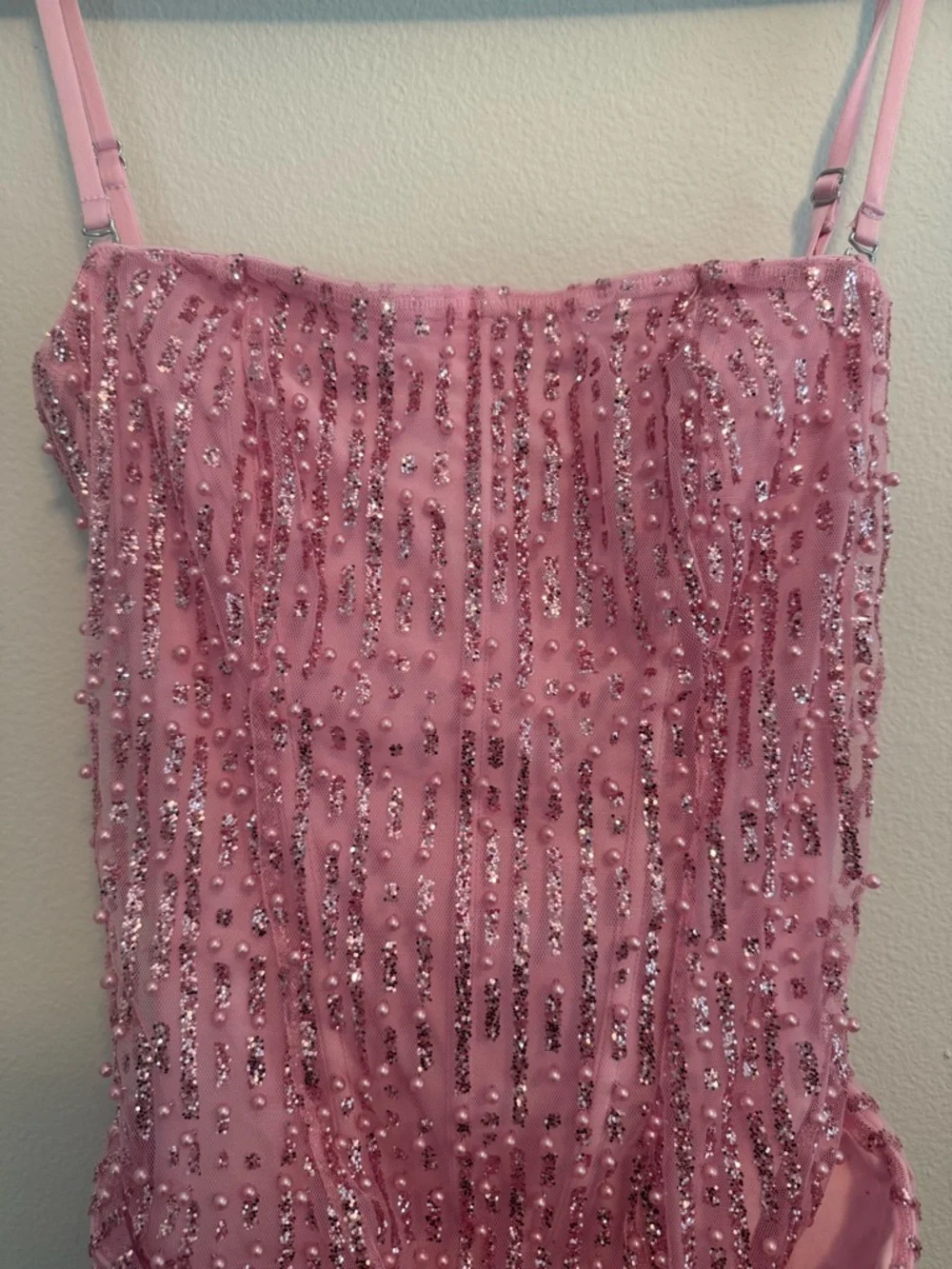 NEW Oh Polly Pink Ziya Embellished Glitter Beaded Strapless Mini Dress barbie - Picture 6 of 12